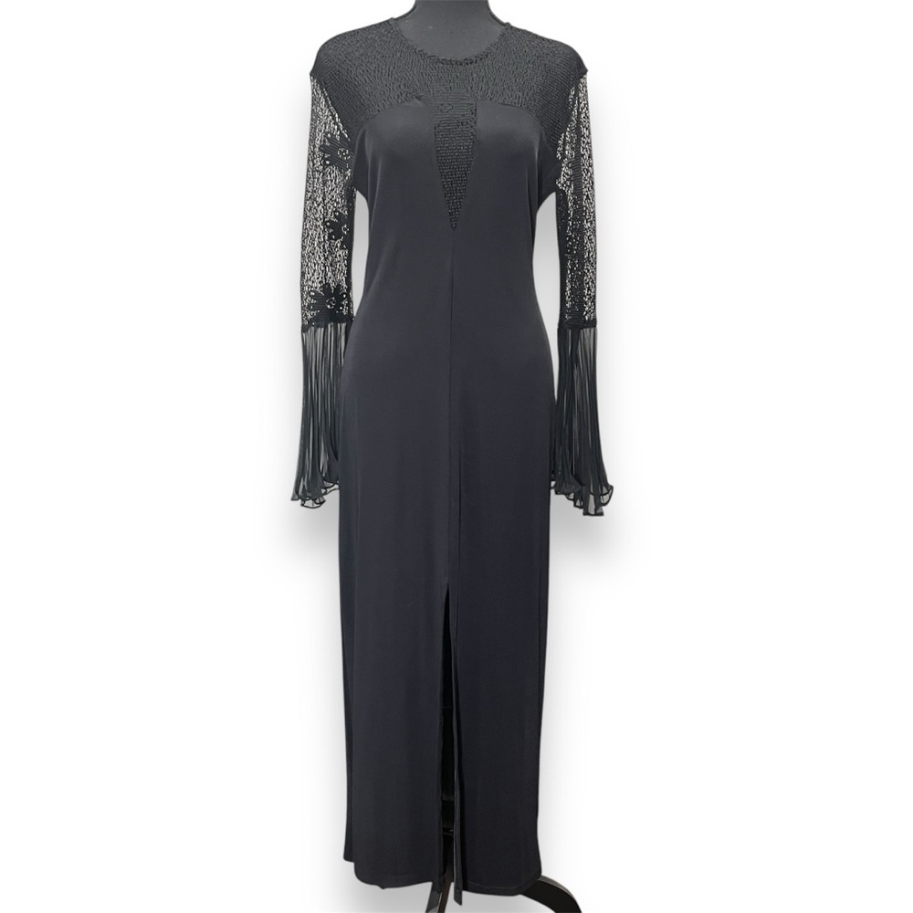 American Vintage Black Dress Mesh Lace Sheer Pleated Bell Sleeves Front Slit S/M